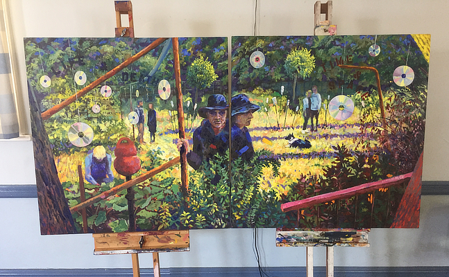 Two-panel painting of the artist and family in allotment